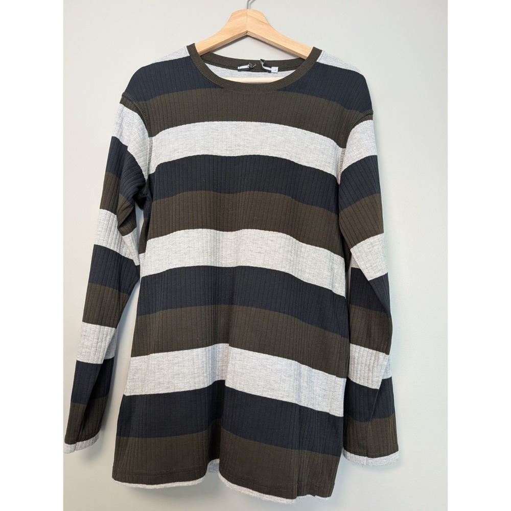Marithe Francois Girbaud Men Striped Ribbed Thermal Shirt Large Long Sleeve Grey